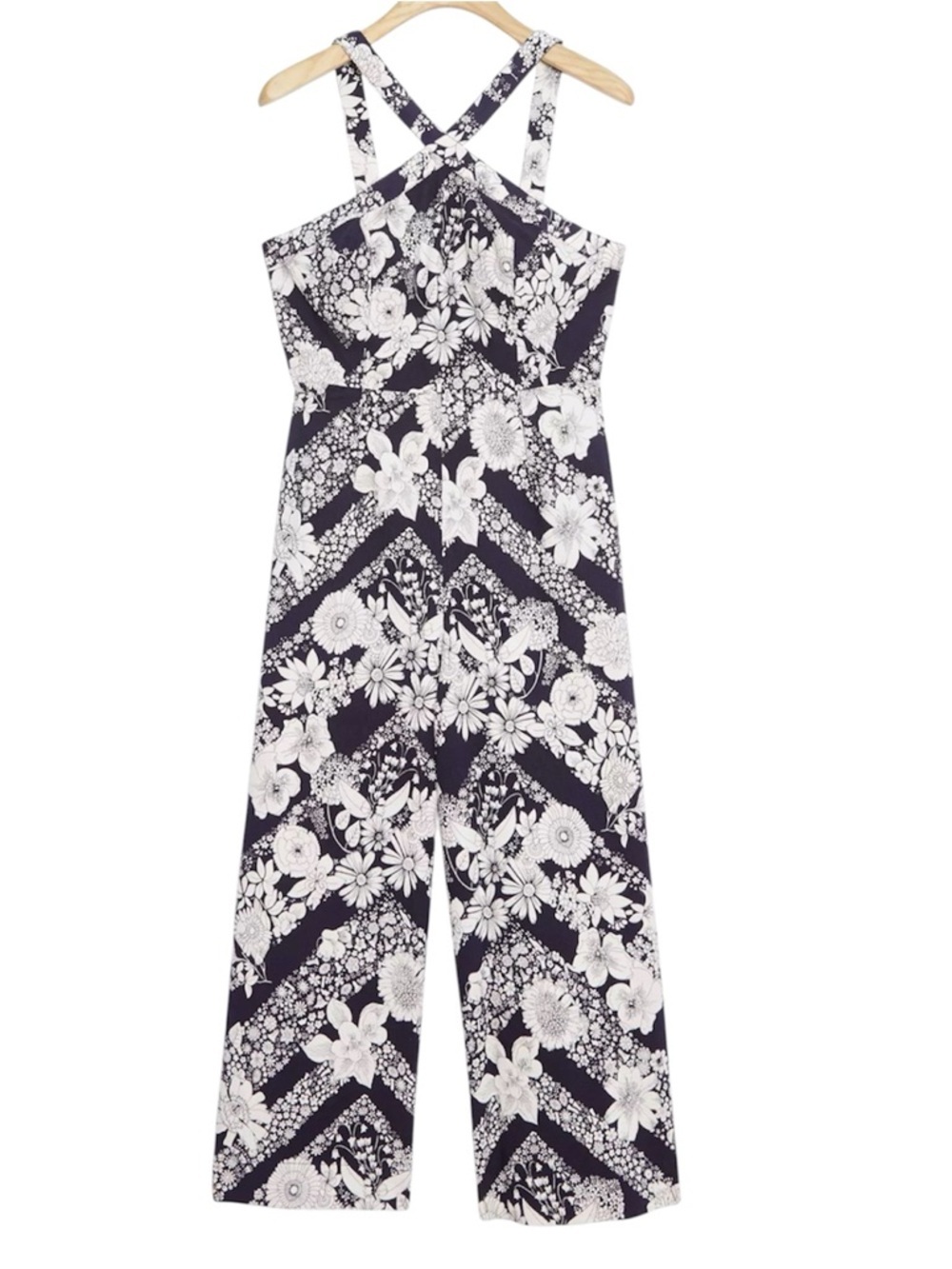 Maeve Anthropologie Floral Wide‑Leg crop Halter Jumpsuit NWT Navy White Size 4